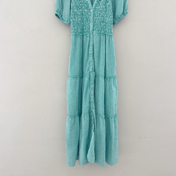 Sundance Seersucker Maxi Dress Tiered Smocked Puff Sleeve Boho Kelly Green S - Picture 4 of 11